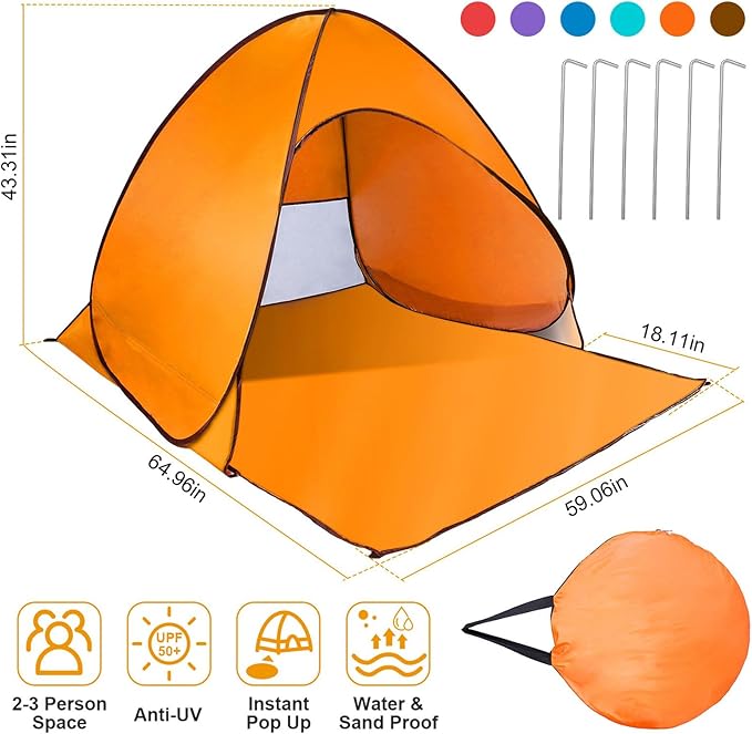 Pop Up Beach Tent Anti UV Automatic Sun Shelter Umbrella Portable Sun Shade Shelter for 2-3 People Outdoor Instant Pop Up Beach Shade Tent with Carrying Bag