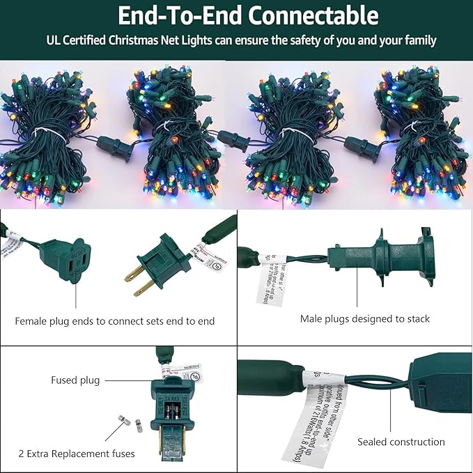 6Ftx4Ft LED Christmas Net Lights Green WireConnectable UL Certified Waterptoof Net Lights for Bushes Trees Shurb Garden Outdoor Christmas Decorations (Multi)