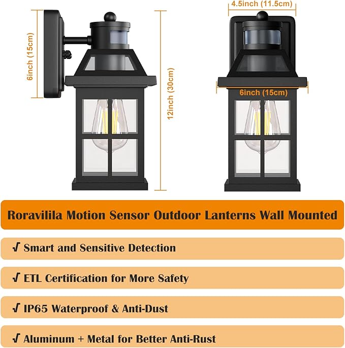 Motion Sensor Outdoor Light Fixtures 2-Pack Upgraded Anti-Rust Aluminum Outdoor Sconces Front Porch Lights Black Exterior Light Fixtures Dusk to Dawn Outside Lights House ETL Certified