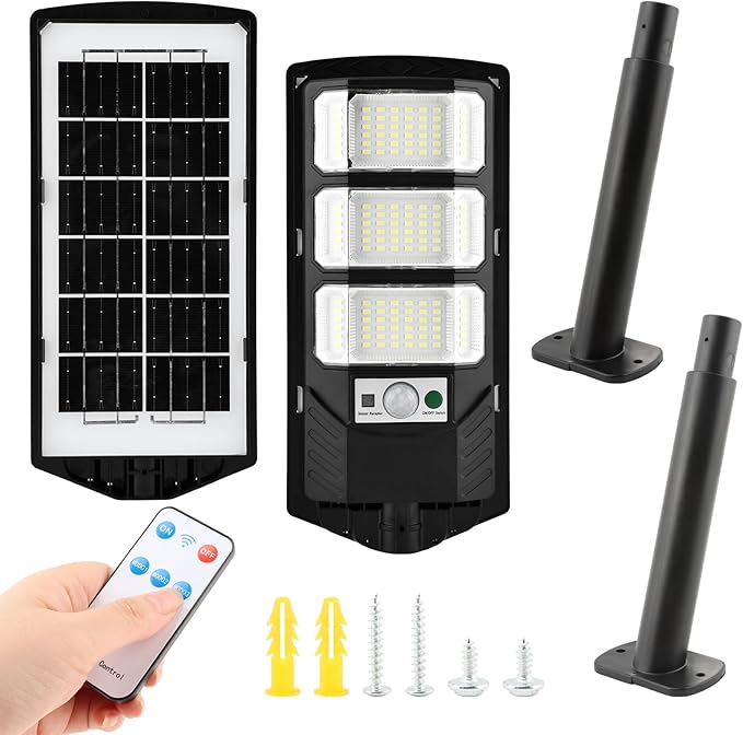 Solar Street Lights Outdoor 2 Pack 6500K Wide Angle LED Solar Flood Lights with Motion Sensor &amp Remote Dusk to Dawn Wall Mount Waterproof Street Light for Yard Parking Area Lighting