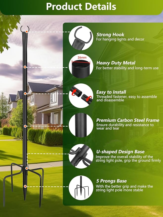 String Light Poles for Outside 4 Pack 10ft Metal Outdoor String Light Poles for Deck - Ideal for Patio Garden Yard Front Porch Decorations Black