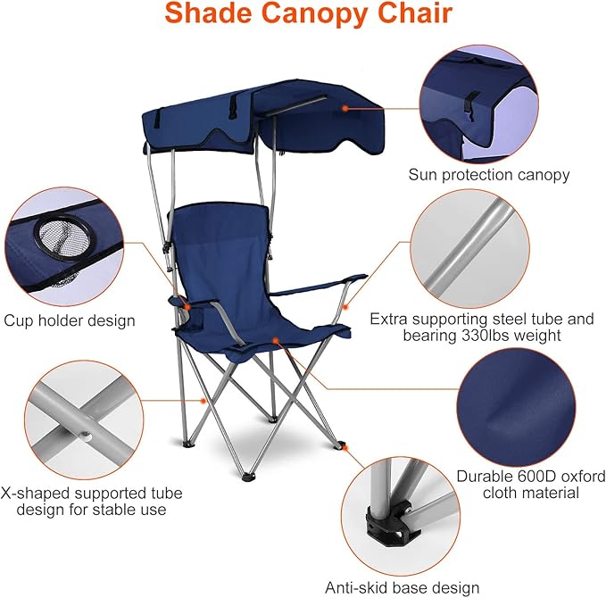 iMounTEK Camp Chair Foldable Canopy Camp Chair with Shade Sun Protection Camping Recliner with Carry Bag Support 330LBS Load Folding Seat with Cup Holder for Fishing/Beach/Travel/Picnic(NavyBlue)