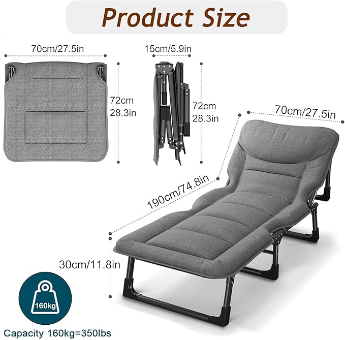 Folding Reclining Lounge Chair Office Rest Bed 4 Gears Adjustable Backrest Portable Camping Cot Sleeping Cots Bed for Outdoor Pool Beach Patio Travel Nap(L74.8 x W 27.5 x H 11.8 Green)