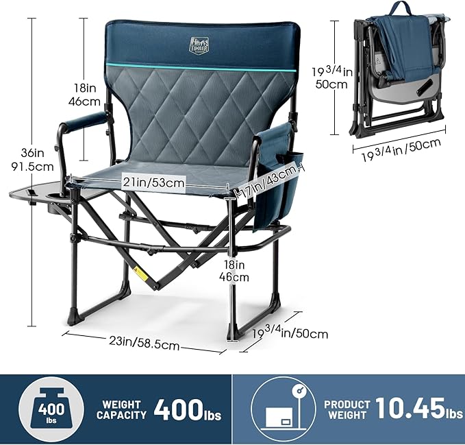 TIMBER RIDGE 2 Pack Camping Directors Chairs with Side Table Pockets Portable Folding Heavy Duty Lawn Chair for Outdoor Fishing Trip Picnic Concert 400lbs Blue