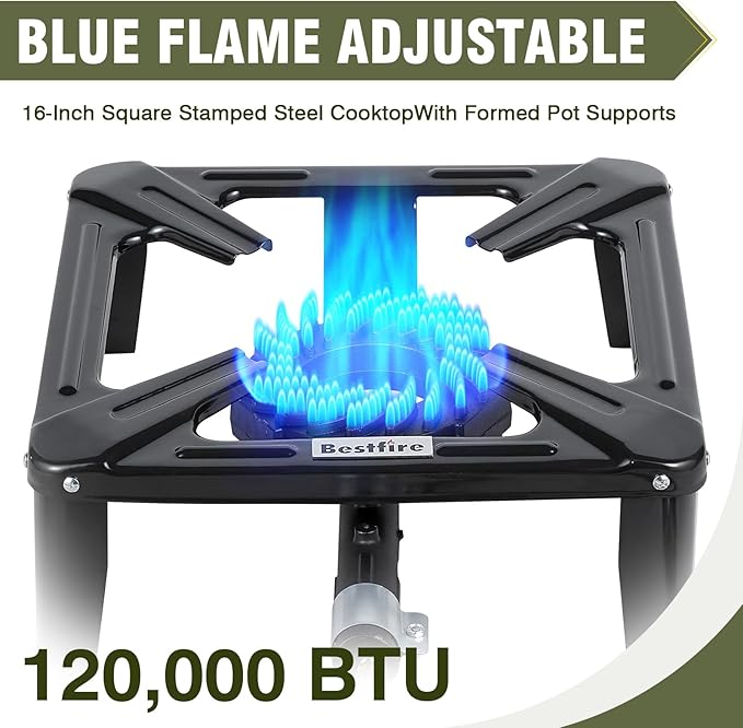 Bestfire High Pressure Propane Burner 120000 BTU Single Propane Stove with 4.1ft 0-20Psi Adjustable Hose with Regulator 16 Square Steel Cooktop for Camping