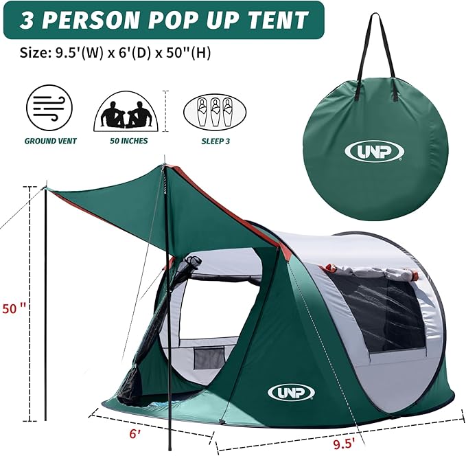 Pop-up Tent 3 Person Camping Tent Instant Portable Beach Tent Easy Pop Up Shade Tents 2 Doors for Camping Hiking &amp Traveling with Carrying Bag