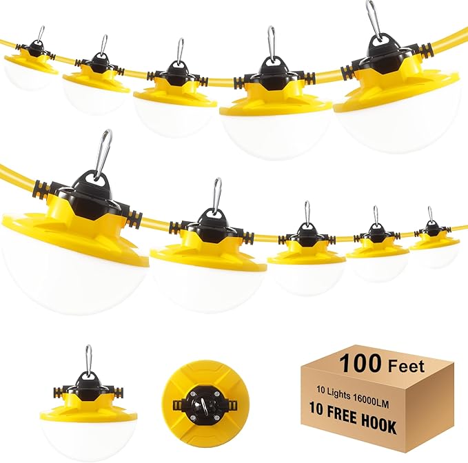 100FT Construction String Light 130W 16000Lm 5000K Industrial Grade LED String Work lights IP65 Waterproof Temporary Lighting for Construction Sites Renovation Mine Cave Job Site Walkways