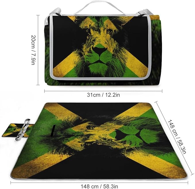 Jamaican Flag Rasta Lion Waterproof Outdoor Picnic Blanket Sandproof Beach Mat for Camping Hiking Grass Travelling