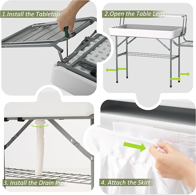Dragosum Outdoor Ice Cooler Table with Metal Side Desktop Folding Ice Table with Mesh Desktop Portable Bar Drink Cooler Desk‌ with Skirt for Camping Picnic BBQ Party (Grey)