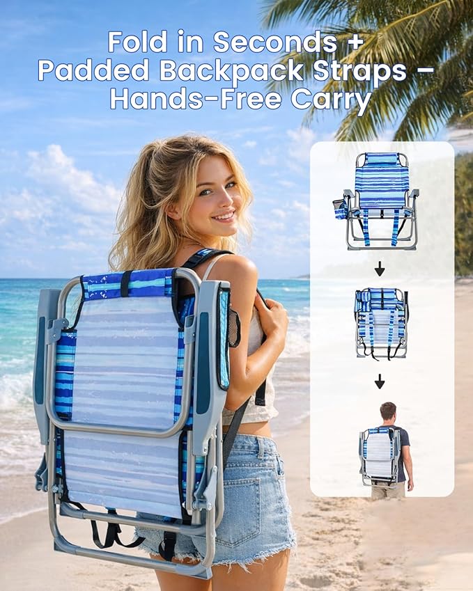 GVDV Backpack Beach Chairs for Adults 2 Pack Portable Lay Flat Folding Chair with Cup Holder and Towel Bars 4-Position Adjustable Reclining Chair for Beach Camp Outdoor Blue and White Stripes