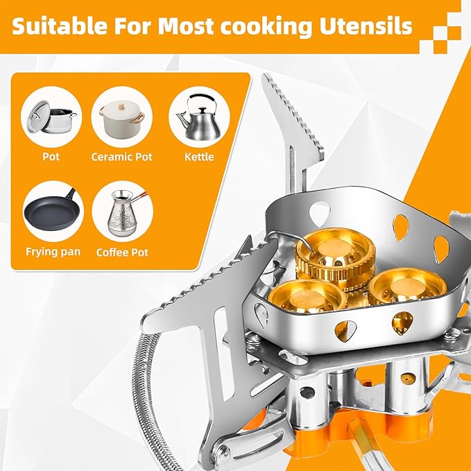 9900W Windproof Camping Gas Stove Portable Camping Stove with Piezo Ignition 1LB Propane Tank Adapter Butane Adapter for Outdoor Cooking Picnic Camping and Hiking