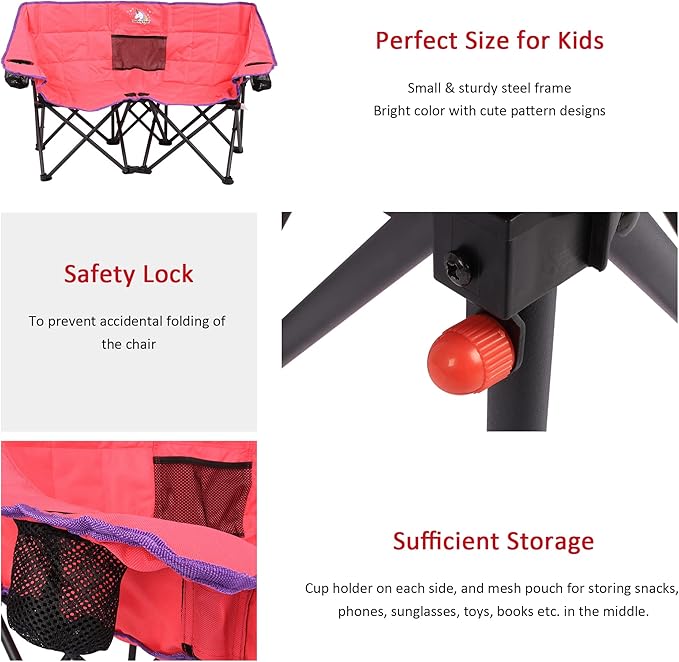 SUNNYFEEL Kids Folding Double Camping Chair Portable Kids Camping Chairs 2 Seat Chair Pink Padded Foldable Lawn Chairs with Cup Holder for Beach/Outdoor/Travel/Picnic Foldable Camp Chairs 2 Person