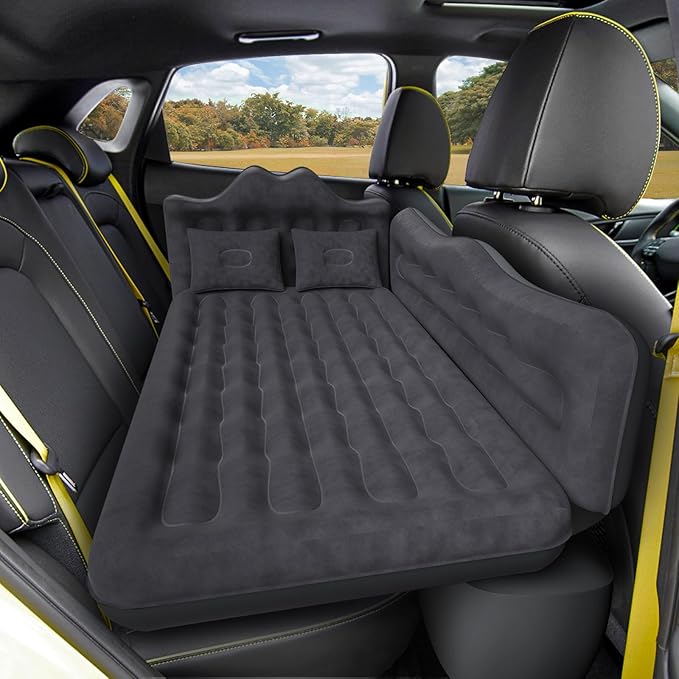 Back Seat Car Air Mattress: Inflatable SUV Car Camping Bed for Truck Van Thickened Double-Sided Flocking Travel Car Sleeping Pad with Air Pump 2 Pillows