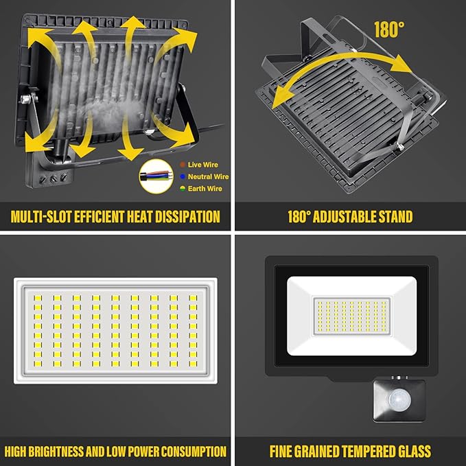 50W Motion Sensor Flood Light Outdoor 5000 LM Outdoor LED Spotlight IP66 Waterproof 6000K Daylight Security Lights for Garden Garage Yard Sports Ground （2 Pack） 110V