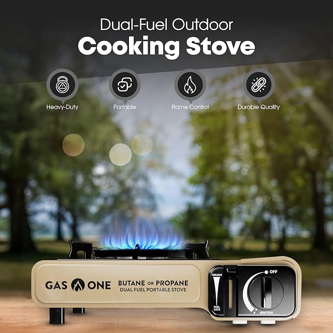 GasOne GS-3400P-KIT Propane or Butane Gas Stove with Flat Top Griddle Included – Dual Fuel Propane Grill Tent Stove Burners for Cooking for Camping Kitchen – Diecast Aluminum with Non Stick Coating