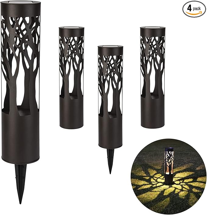 4Pack Solar Pathway Lights Outdoor Landscape Lighting Dust to Dawn Solar Lights for Garden Decor Metal Path Lights Solar Powered for Yard Lawn Patio Walkway Warm Yellow