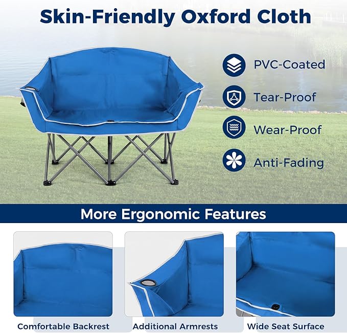 Tangkula 2 Person Camping Chair Portable Oversized Outdoor Folding Camp Chair Loveseat with Padded Seat Cup Holder Carry Bag Heavy Duty Lawn Chair for Beach Fishing Travel (Blue 2-Person)