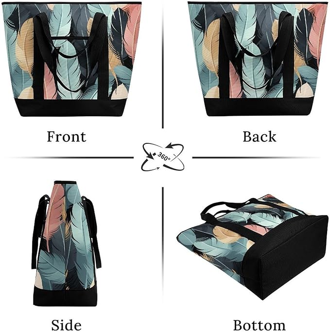 Insulated Shopping BagLarge Reusable Cooler Bags Feather Printed Foldable Shopping BagTravel Waterproof Shoulder Bag