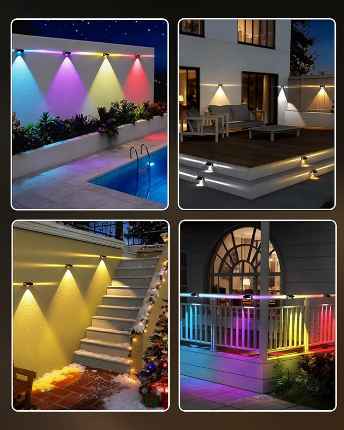 Solar Fence Lights Outdoor 8 Pack 12 Mode RGB Color Changing &amp Warm/Cool White Waterproof IP65 3-LED Dusk to Dawn Fence Lights Solar Powered for Wall Railing Patio Step Backyard Outside