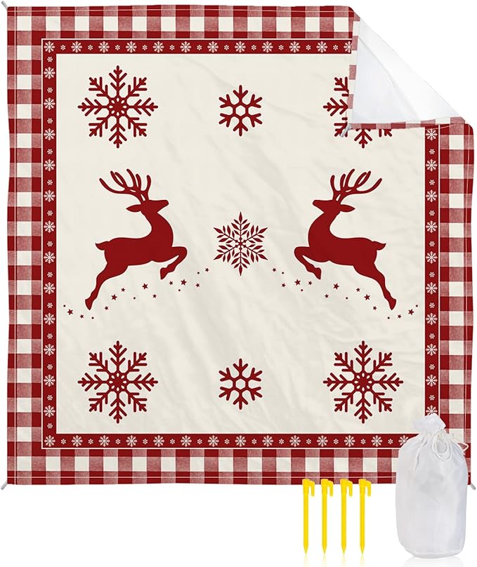 Beach Blanket Waterproof Sandproof OversizedChristmas Animal Elk Winter Snowflake Beach Mat with Corner Stakes Sand PocketsRed Buffalo Plaid White Check Outdoor Picnic Mat for Travel 108x84In