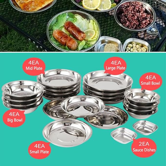 22PCS Service Plate Set with Travel Bag Stainless Steel Plates and Bowls Camping Set for Outdoor Camping Hiking Picnic BBQ Beach
