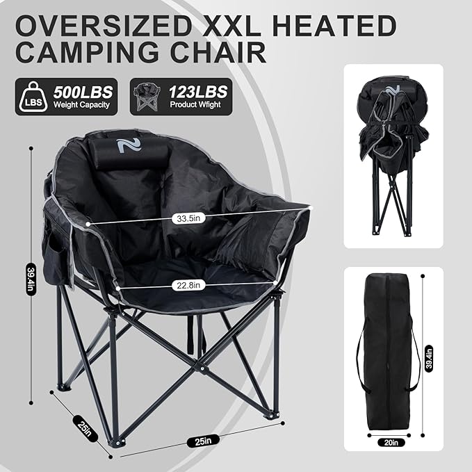 ABORON Portable Folding Heated Camping Chair Three Level Adjustable Oversized and Heavy Duty Support Up to 500 lbs Ideal for Outdoor Adventures