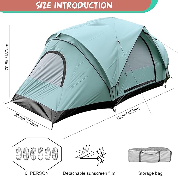 Large Camping Tent Family Tent 5~6 People 179.13x90.55x70.87inches Waterproof Mesh RoofLarge Living Room Capacity Family Camping Tent