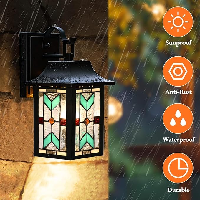 WL0009 Tiffany Style Outdoor Light Fixutres Stained Glass Wall Sconce Exterior Waterproof Wall Lantern Light for Balcony Aisle Hallway W 7X D 6 x H 12 Inches Bulb Included (Chrolume)