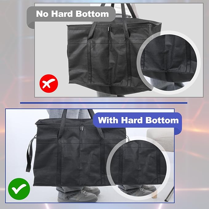 3 Pack Large Insulated Food Delivery Bag with hard bottom XXXL Large Reusable Thermal Cooler Grocery Tote Bag Thermal Cold/Hot Styrofoam Carrier for Shopping/Travel Black