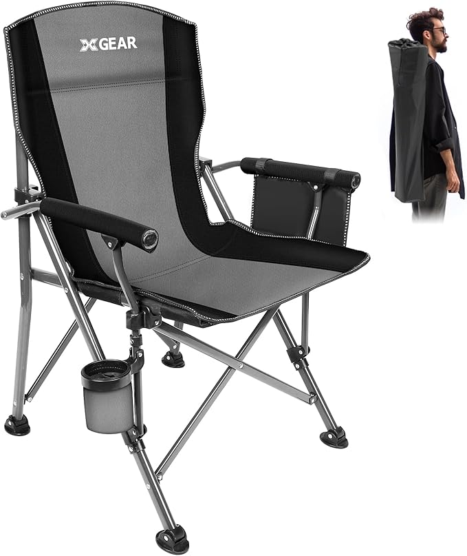 XGEAR Camping Chair with Padded Hard Armrest Sturdy Folding Camp Chair with Cup Holder Storage Pockets Carry Bag Included Support to 400 lbs