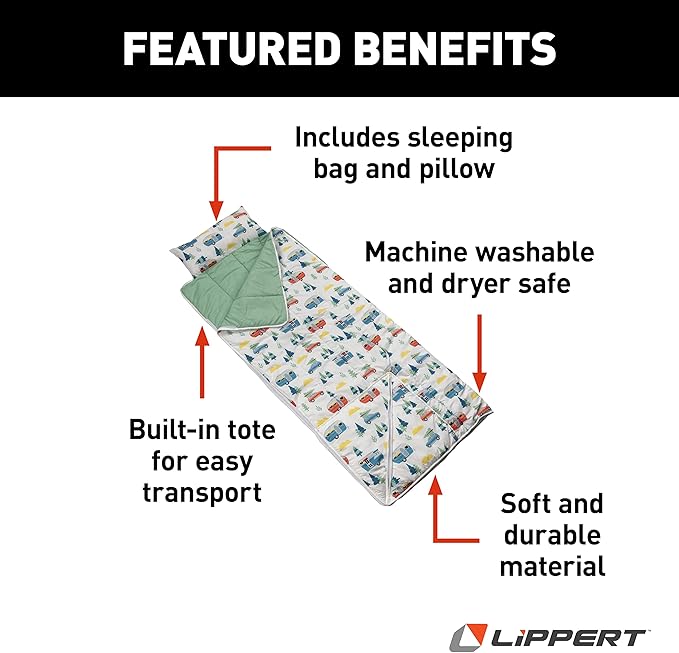 Thomas Payne Children’s Road Trip Sleeping Bag for Camping and Sleepovers with Durable Material Zippered Closure Built-In Carrying Tote Machine Washable Dryer Safe - 2022107837