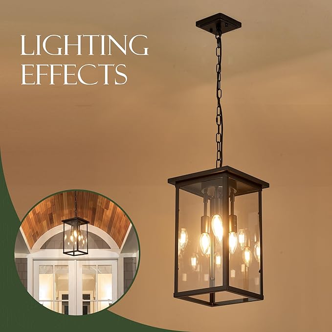 10 Modern 4-Light Exterior Black Square Lantern Pendant Light Fixture with Clear Glass Industrial Hanging Cage Chandelier for Outdoor Porch Kitchen Island Dining Room Hallway Entryway Foyer