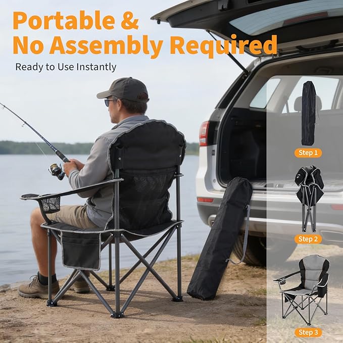NEWBULIG Oversized Folding Camping Chair for Adults Portable Outdoor Collapsible Chairs 500 LBS Heavy Duty Support with Cup Holders Side Cooler &amp Pockets for Lawn Beach Fishing Hiking Bla
