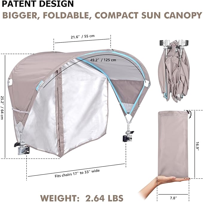 Universal Chair Umbrella Canopy UPF 50+ Sun Shade with Adjustable Clamp Fits Most Brands’ Beach Camping Lawn Tanning Zero Gravity Lounge &amp Fishing Chairs Patent Design