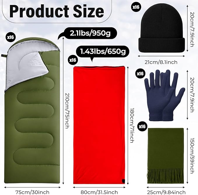 80 Pcs Homeless Care Package Sleeping Bags Adult Bulk with Winter Beanies Hat Gloves Scarf Cotton Liner Waterproof Sleeping Bag for Camping Outdoor Church Donation Emergency