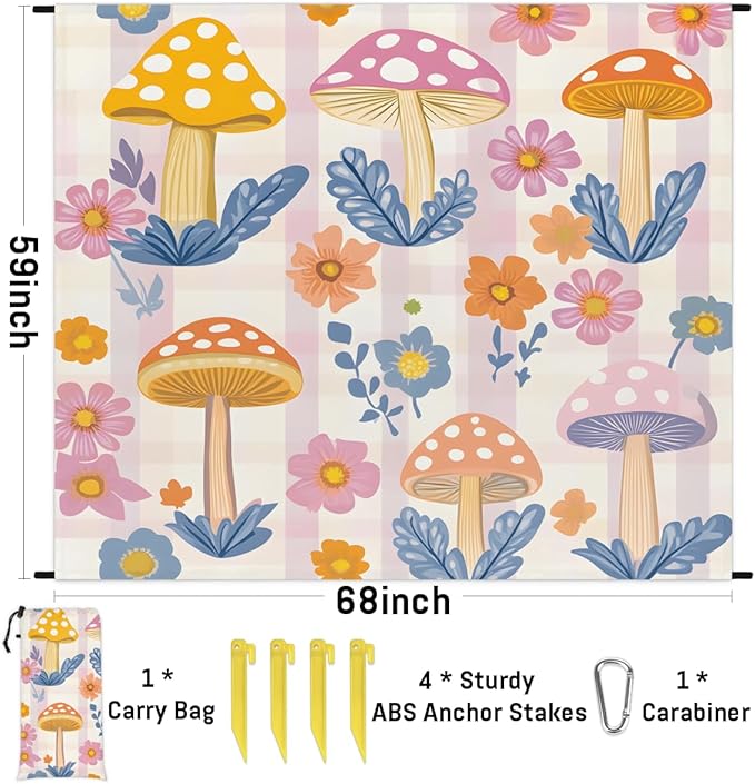 Waterproof Sandproof Beach Blanket 59''×68'' Fungal Mushrooms Polyester Outdoor Picnic Blanket with 4 Stakes &amp Storage Bag for BeachCampingVacation Flower