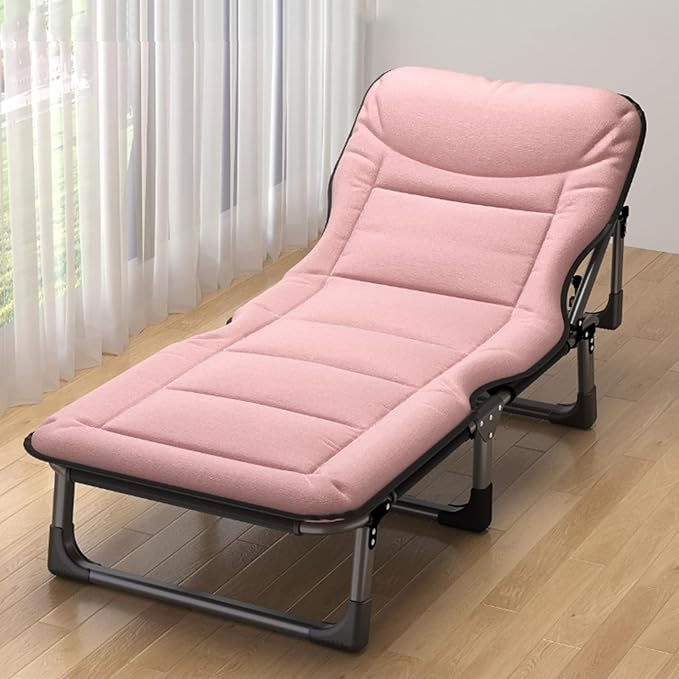 Folding Reclining Lounge Chair Office Rest Bed 4 Gears Adjustable Backrest Portable Camping Cot Sleeping Cots Bed for Outdoor Pool Beach Patio Travel Nap(L74.8 x W 27.5 x H 11.8 Pink)