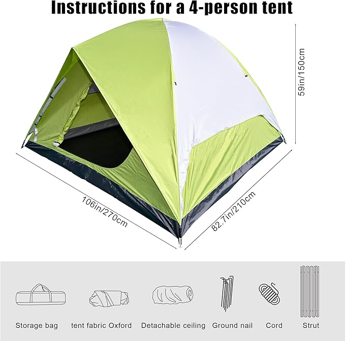 Tents for Camping 4 Person Camping Tents Waterproof Windproof Family Camping Tent Outdoor Dome Tent Easy Setup 210D Oxford Cloth Waterproof (Green -4 People)