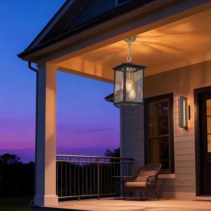 17IN Large Dusk to Dawn Outdoor Pendant Light 3-Light Modern Black Metal Outside Chandelier Exterior Hanging Fixture Ceiling Mount with Clear Glass for Front Porch Entrance Entryway