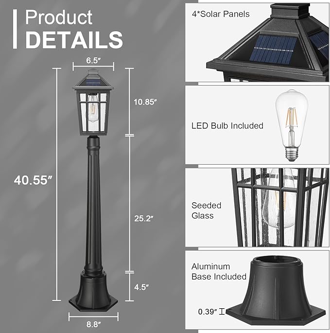 Darkaway 41inch Solar Post Lights Outdoor Light Fixture Dusk to Dawn Aluminum Lamp with Remote and Pole Mount Base Solar Lamp Fence Deck Post Lighting for Garden Patio Pathway