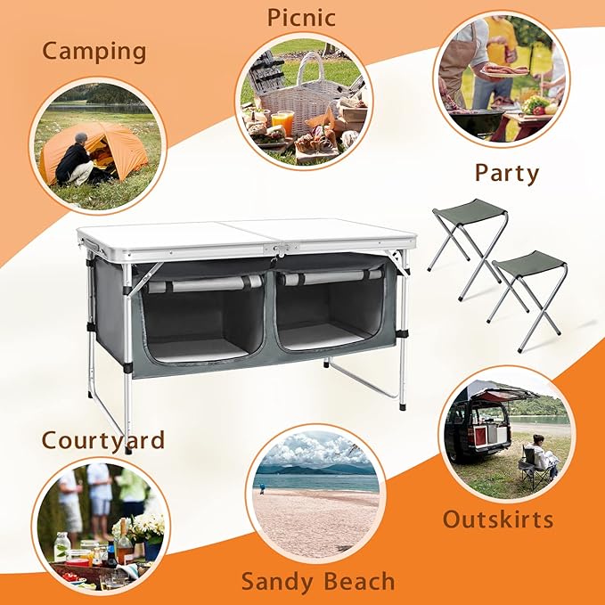CampLand Outdoor Folding Table Aluminum Lightweight Height Adjustable with Storage Organizer for BBQ Party Camping