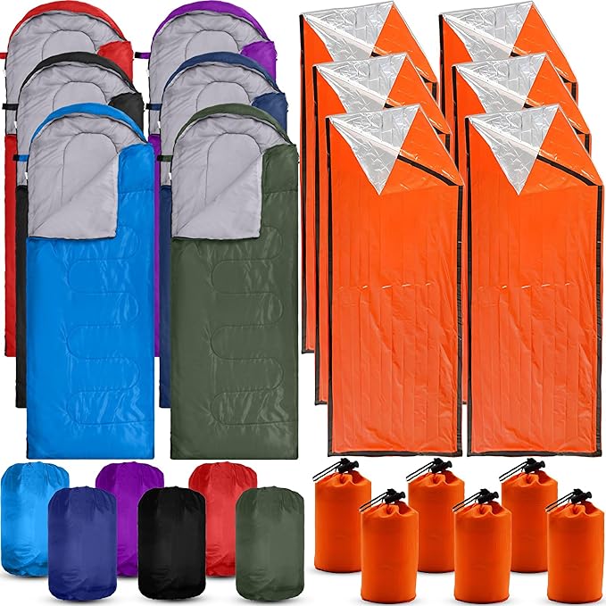 Macarrie 12 Pack Sleeping Bags Set with Compression Sacks 6 Camping Sleeping Bags for Homeless Adults and 6 Emergency Survival Sack for Hiking Outdoor Homeless Shelter Donation Supplies