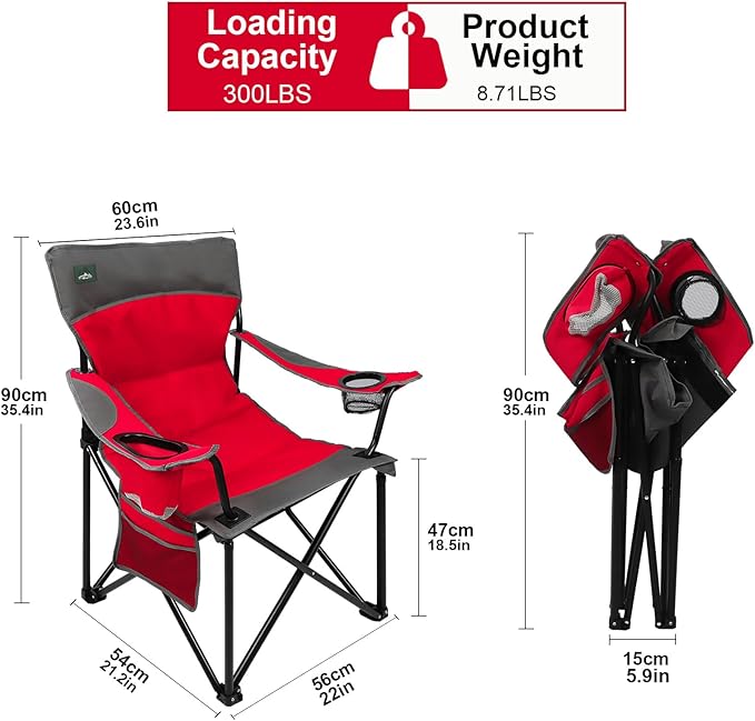 Northroad Foldable Camping Chair Heavy-Duty Outdoor Folding Chair Support Up to 300lbs for Hiking Picnics Patio Beach Fishing (Red)