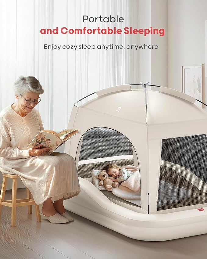 QPAU Inflatable Toddler Travel Bed with Tent Portable Kids Air Mattress with Safety Sides Ideal for Home Grandma's Camping Traveling -Includes Fast Electric Pump