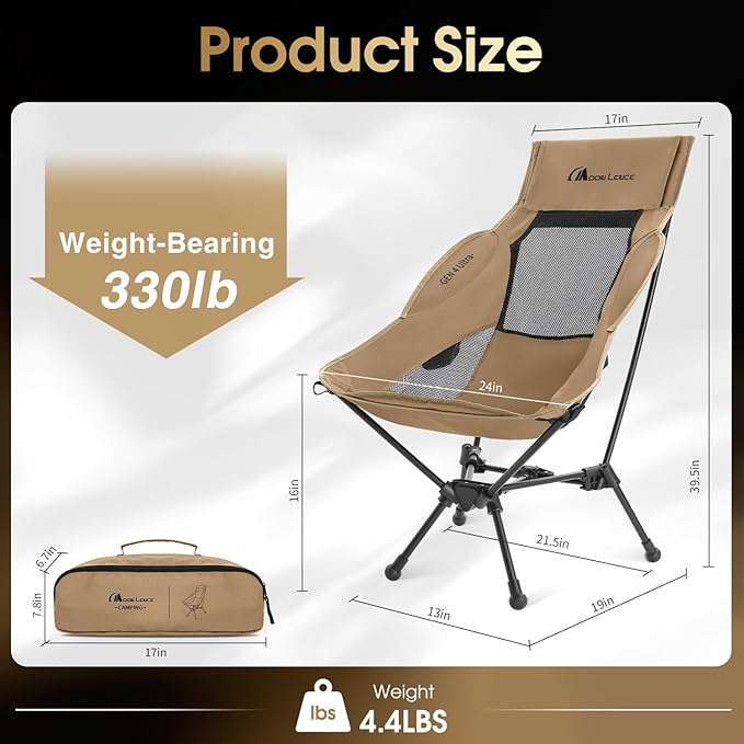 MOON LENCE High Back Folding Camping Chair 330lbs Portable Compact Chair with Wide Seat &amp Ergonomic Back Support (Khaki)