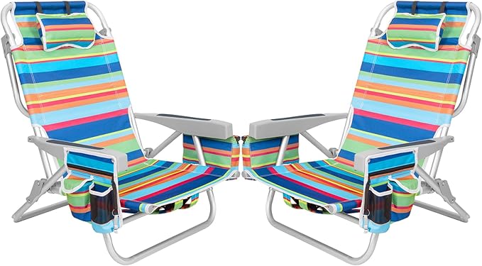 2Pk Aluminum 5-Position Lay Flat Folding Backpack Beach Chairs for Adults with Cooler Bag Cup&ampPhone Holder Towel Bar for Outdoor Lawn Picnic Sport Portable Foldable Camping Chairs Multi Stripe