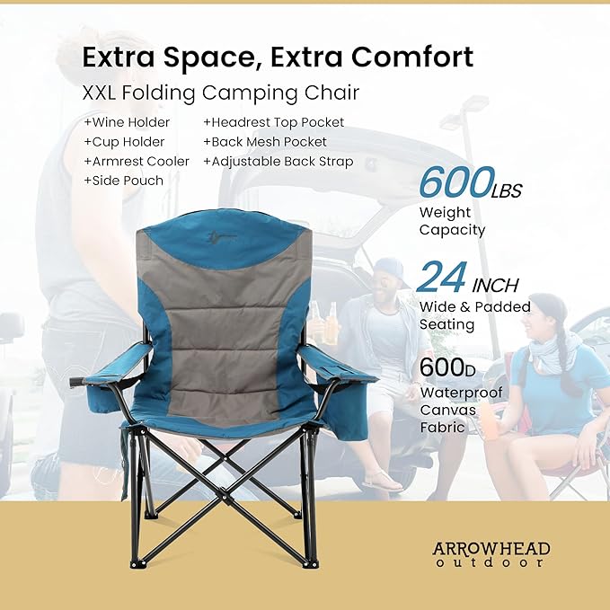 ARROWHEAD OUTDOOR 2-Pack Oversized XXL Portable Folding Camp Chair w/Glass &amp Cup Holders Armrest Cooler Heavy Duty Carry Bag 600 lbs Weight Capacity