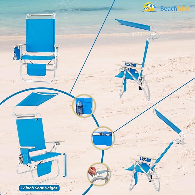 17 Inches High Seat Big Tycoon Aluminum Tall Beach Chair with Canopy for Adults 4 Reclining Positions Drink Holder Storage Pouch