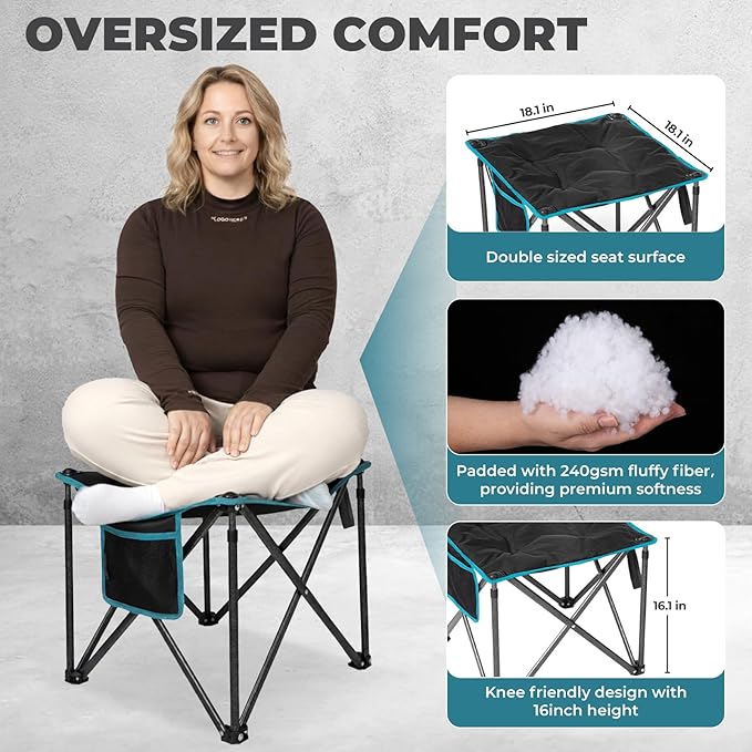 FUNDANGO Oversized Camping Stool for adults 2 Pack Thick Padded 18.1 Inch Folding Ottoman Foot Rest 440 Lbs Heavy Duty Outdoor Camp Chairs with Anti-Slip Foots &amp Carry Bag for Fishing Travel (Bl