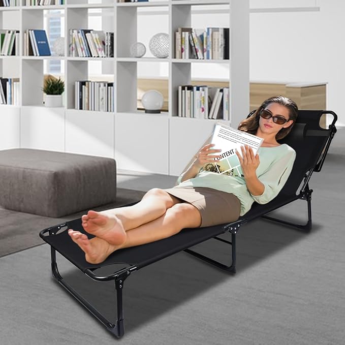 Folding Camping CotAdjustable 4-Position Adults Reclining Chaise with Pillow Outdoor Lounge Chair Sleeping Cots Bed Perfect for Camping Pool Beach PatioOfficeTraveling 190cm